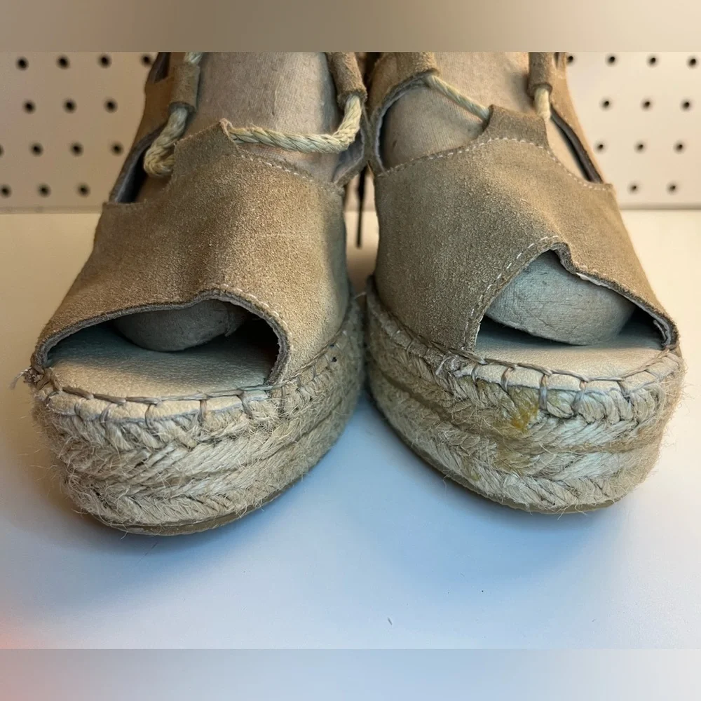 Fabiolas Tan Lace Up Cut Out Wedge Leather Espadrille Sandals